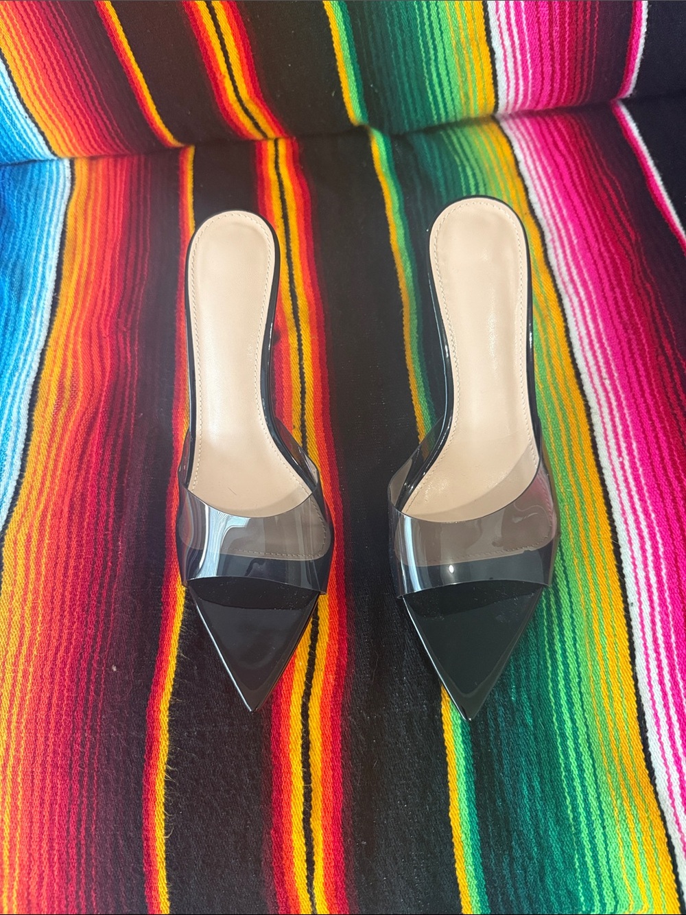 Black Clear Pointed-Toe Slide Heels - Women's